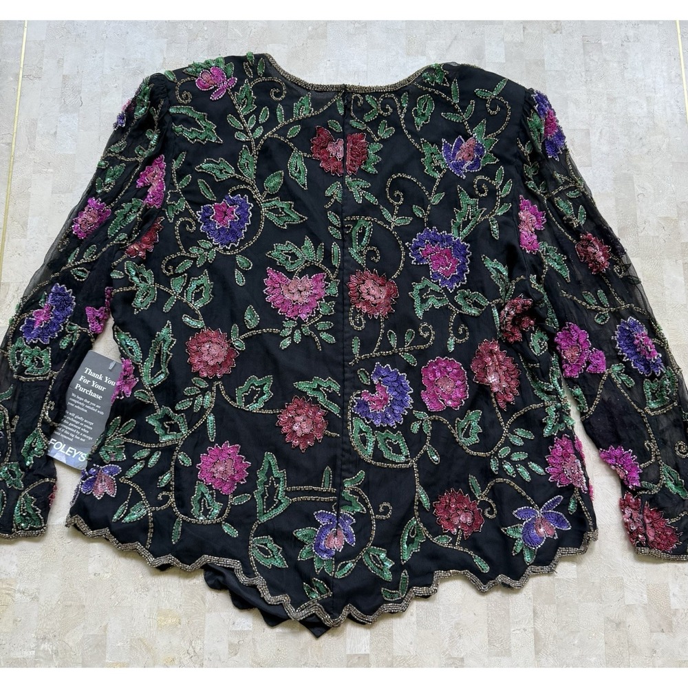 Vtg Laurence Kazar Silk Floral Beaded Short Sleeve Black Top Plus Womens 2X - Picture 7 of 10